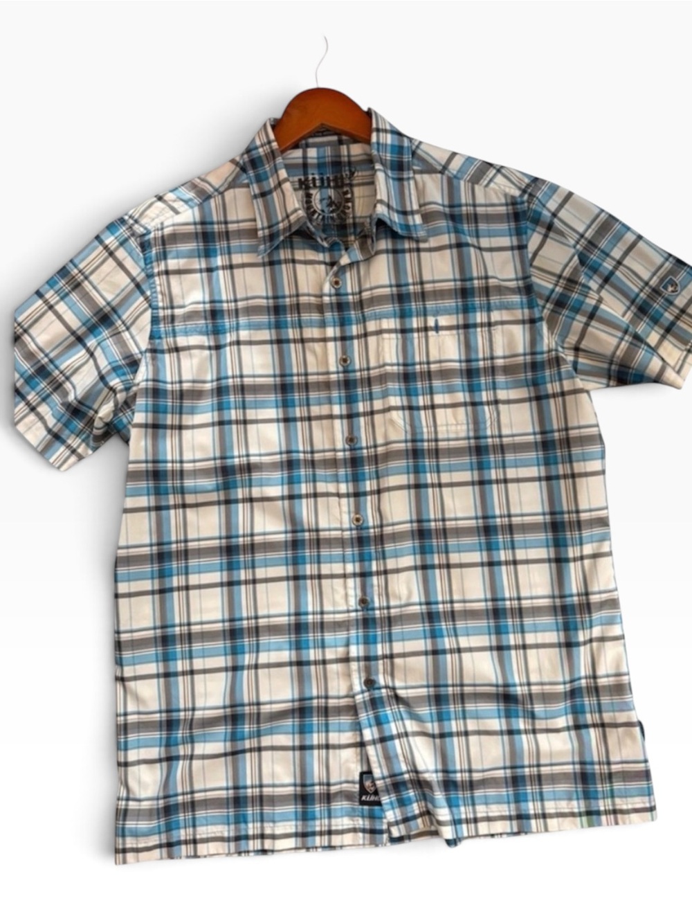 KÜHL Men’s Plaid Short Sleeve Button Down Shirt Medium Blue Gray Outdoor Hiking